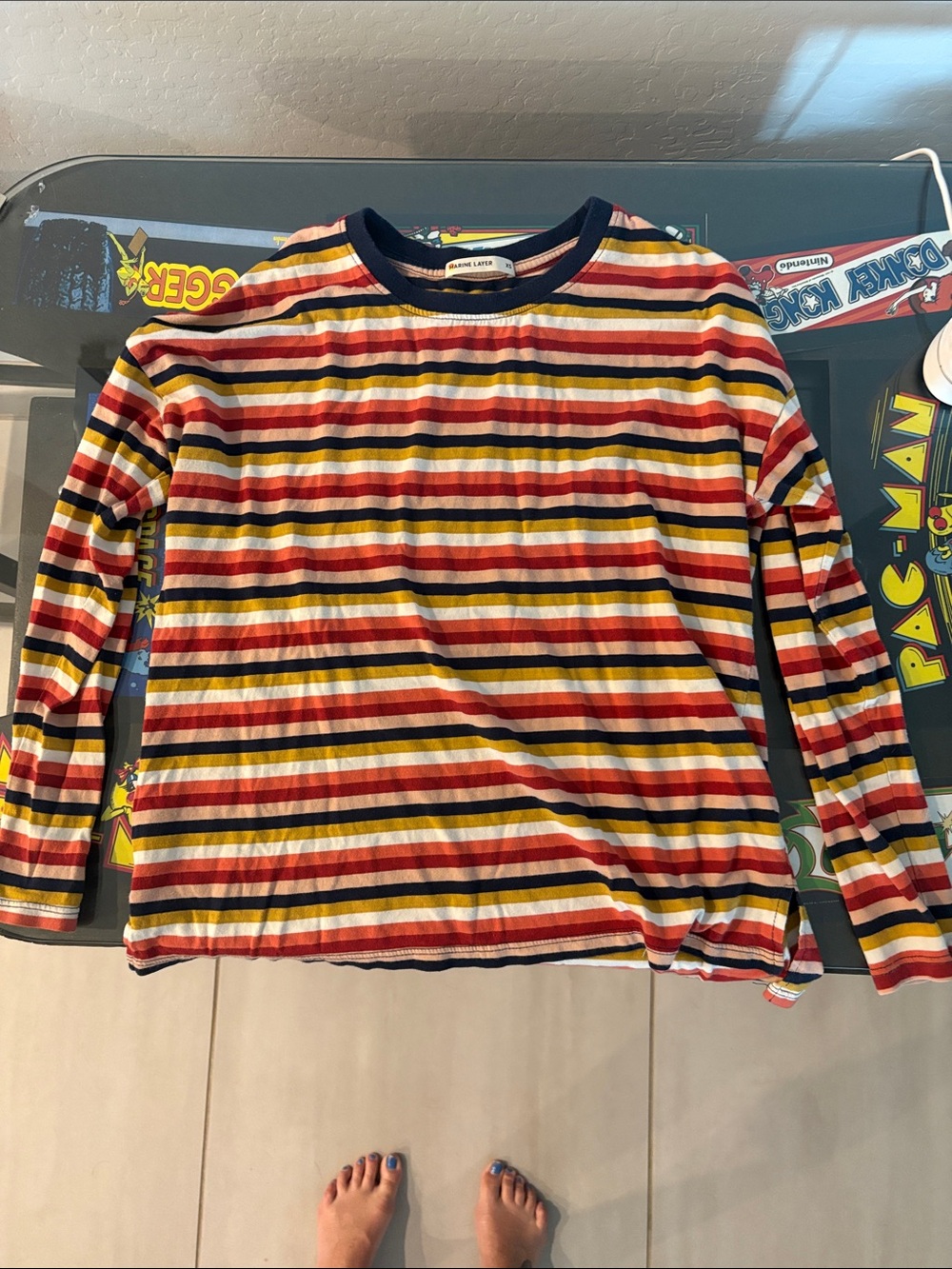 Marine Layer Striped Long Sleeve Tee - Red, Yellow, Navy, Cream, Brown